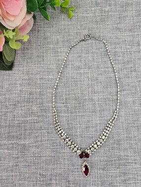 Vintage Ruby Red Rhinestone Marquise Pendant Choker Necklace MCM Costume Jewelry